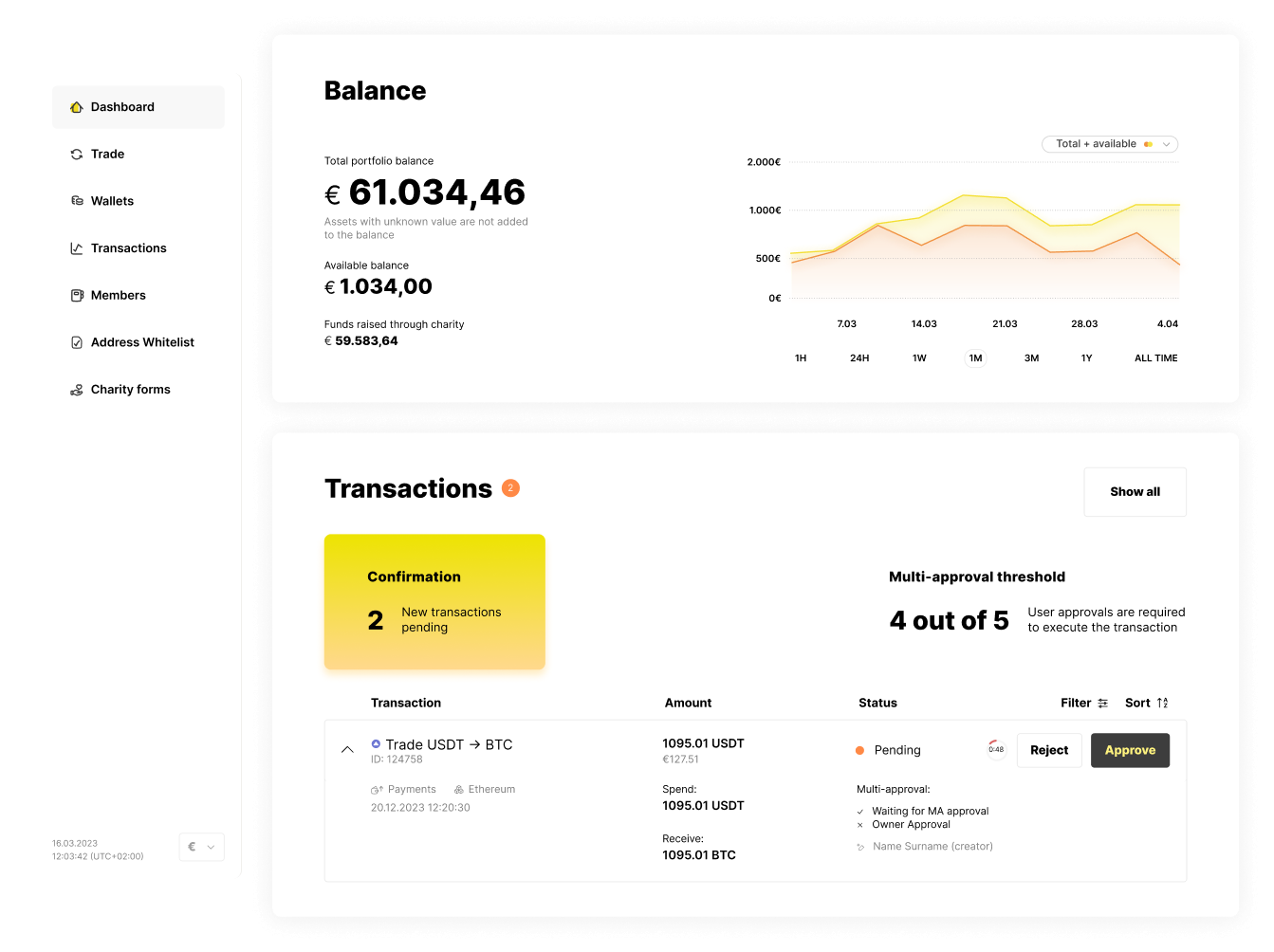 Screenshot from the Montes Auri application showcasing the dashboard view, featuring a summary of the account balance and the latest transactions.