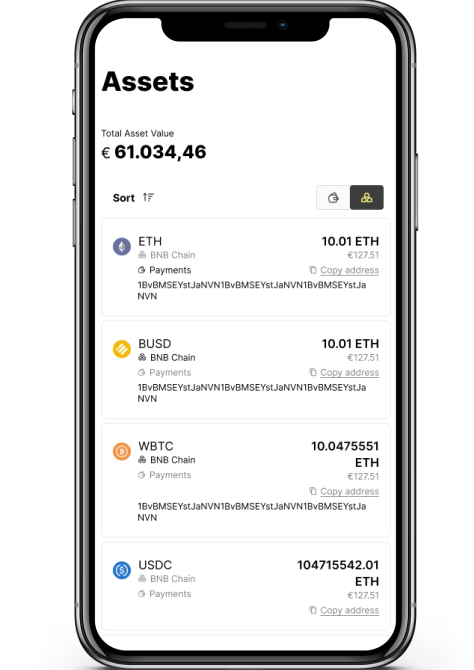 iPhone view displaying the wallets page with a list of wallets, their respective crypto assets, balances, and additional details.